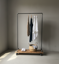 Load image into Gallery viewer, Modern Industrial Pipe and Wood Clothing Rack - with base