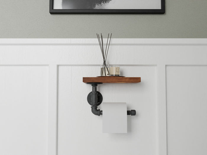 Pipe and Wood Toilet Paper Holder - Shelf Addition
